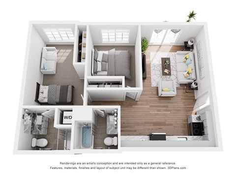 A 3D floor plan of a small apartment with a kitchen, living room, and bathroom.